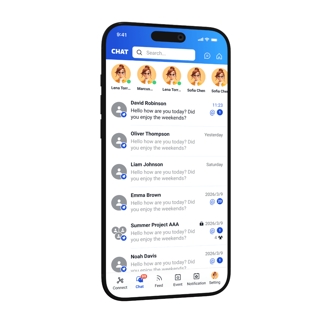 Connect chat screen listing conversations