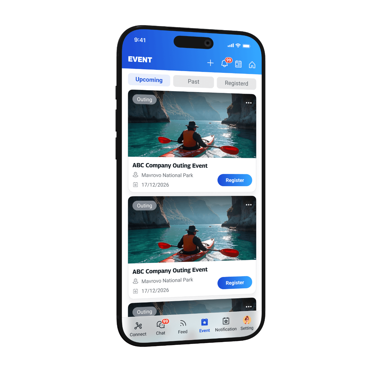 Connect events screen with upcoming events and register buttons